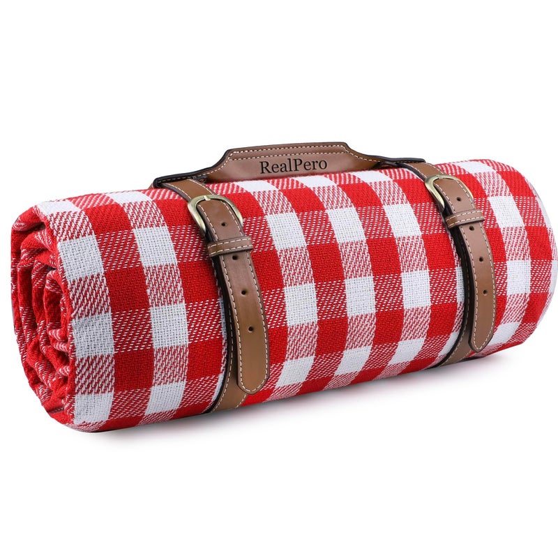RealPero Extra Large Picnic Blanket Waterproof Camping Mat Rug with PU Carrier Soft Lightweight Portable Outdoor Mat for Travel Lawn Camping on Grass Sand-Proof Beach Red White Plaid - Image 1